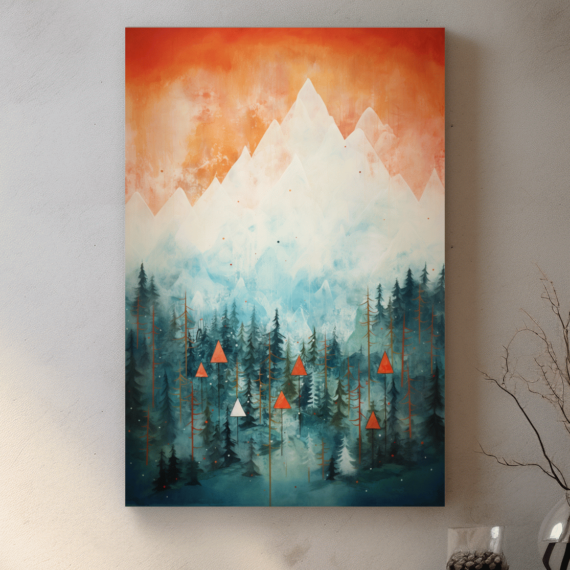 Abstract painting of a forest in the mountains