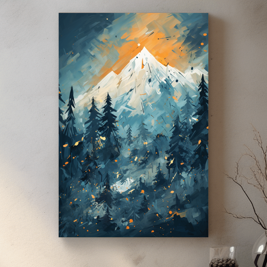 Abstract Snowy Mountain Peak Sunset - Moody Pine Forest Painting Wall Art