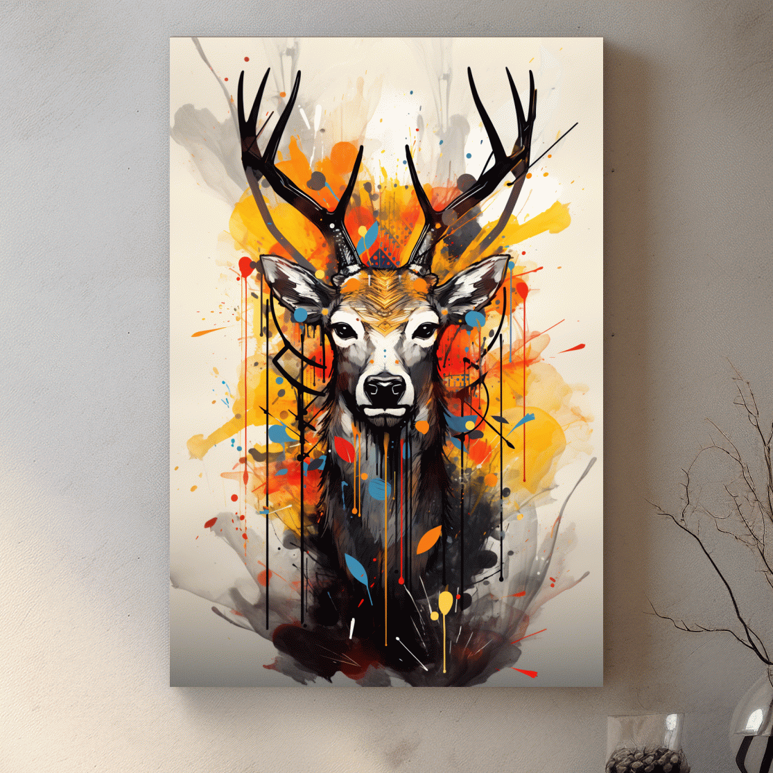 Abstract splattered painting of a deers head