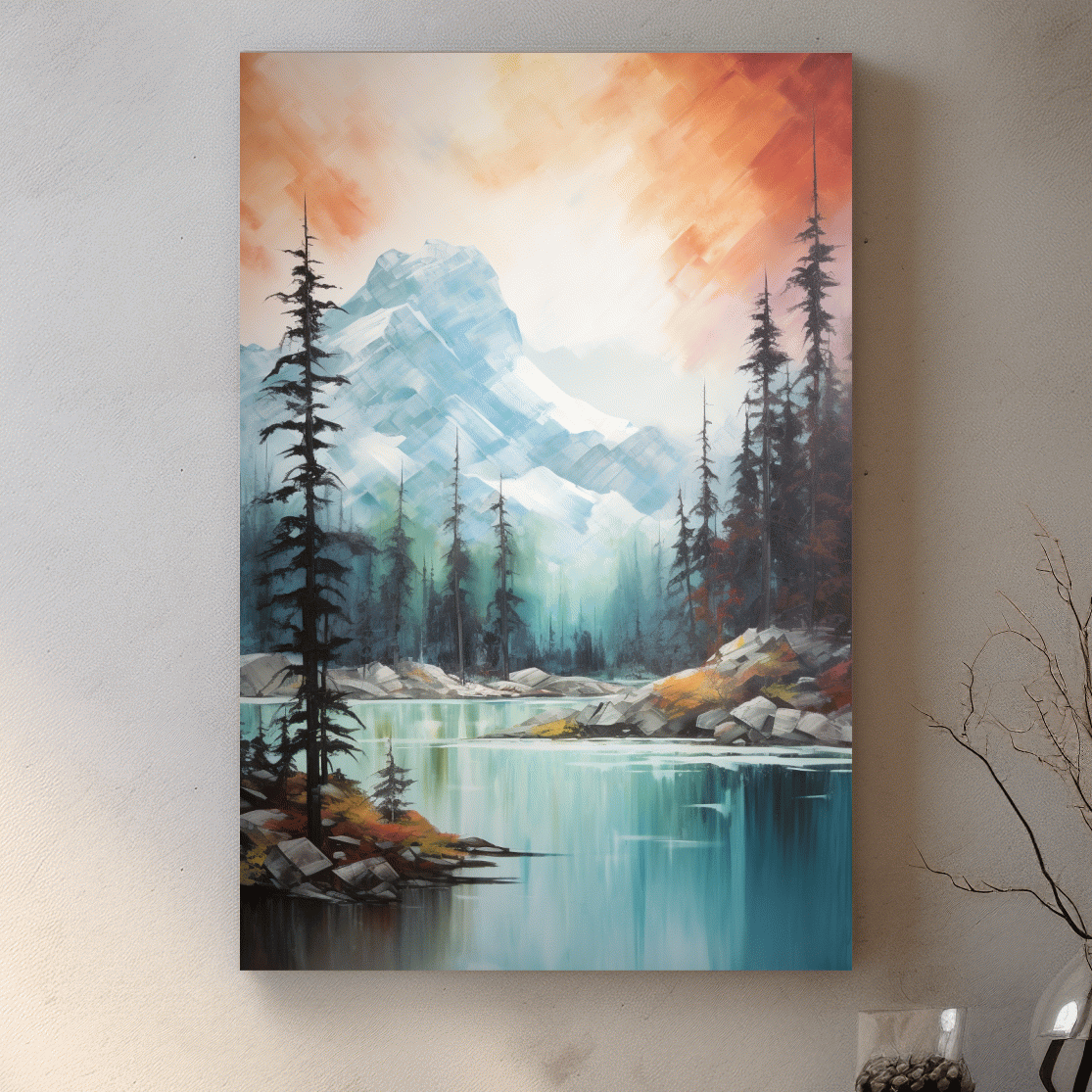 Turquoise Alpine Lake & Pine Forest Sunset Watercolor - Serene Mountain Landscape Wall Art