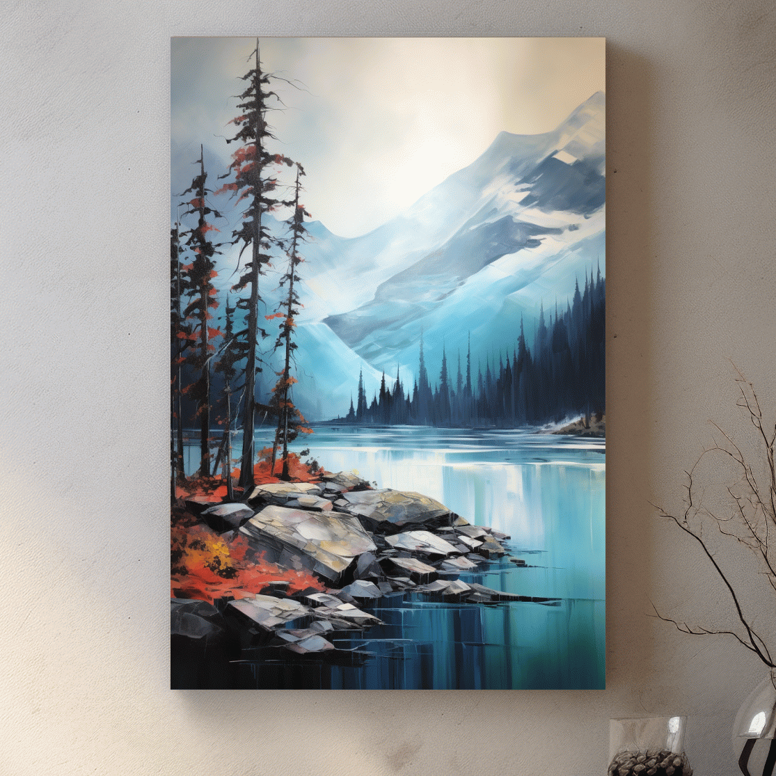 Serene painting, trees on a torquoise alpine lake