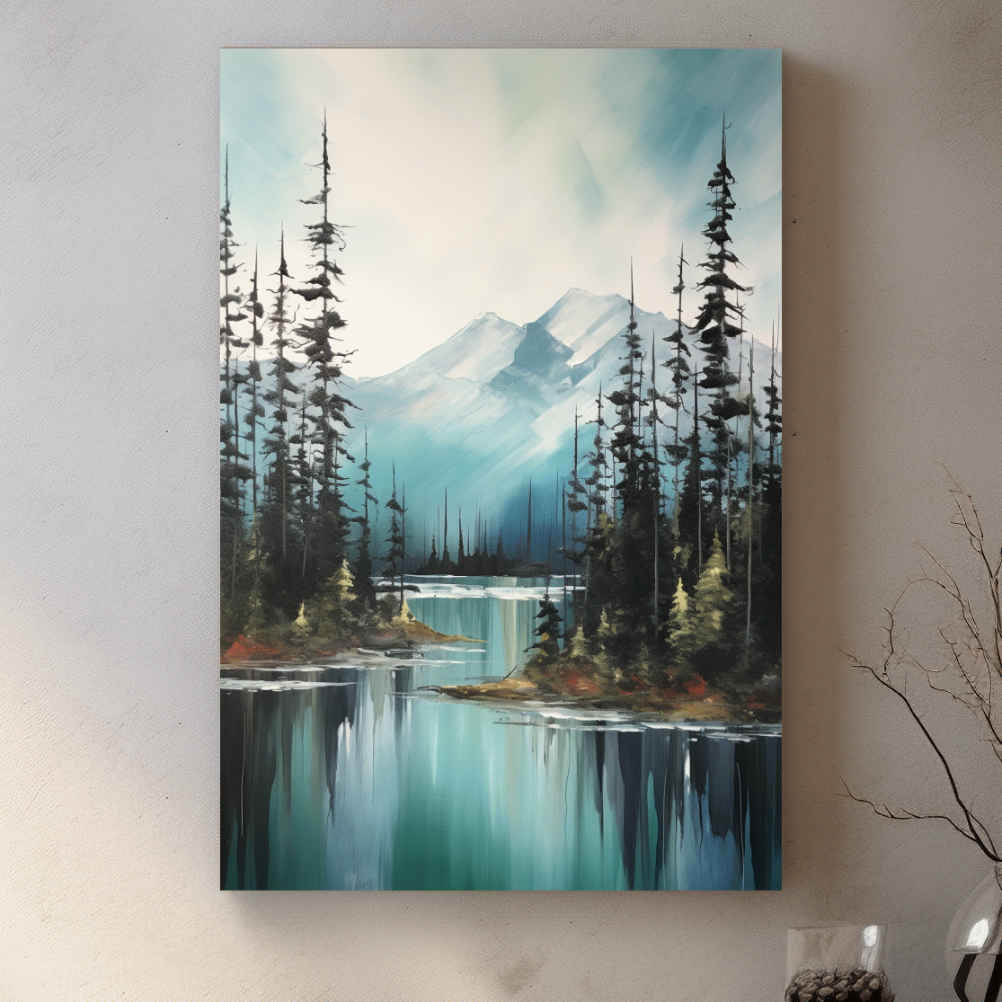 Alpine Turquoise Lake Watercolor Landscape - Serene Pine Forest Nature Wall Art