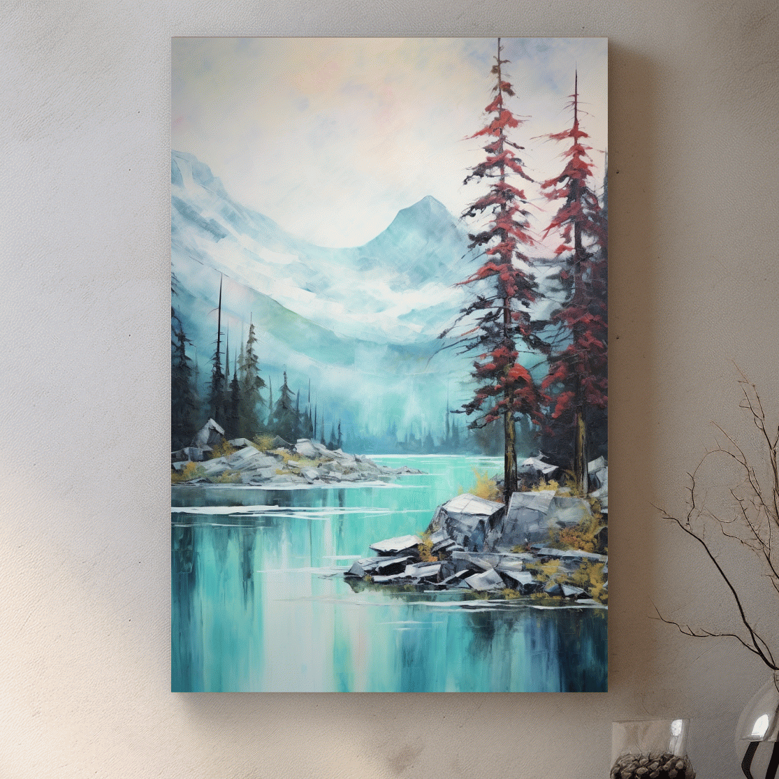 Mountain scenery painting, a turquoise alpine lake