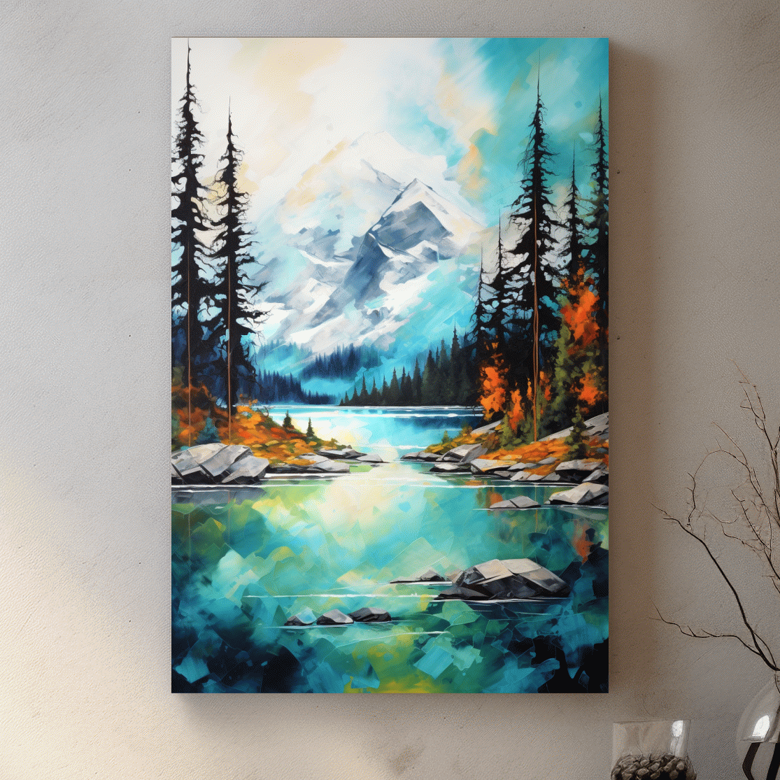 Torquoise alpine lake painting in the fall