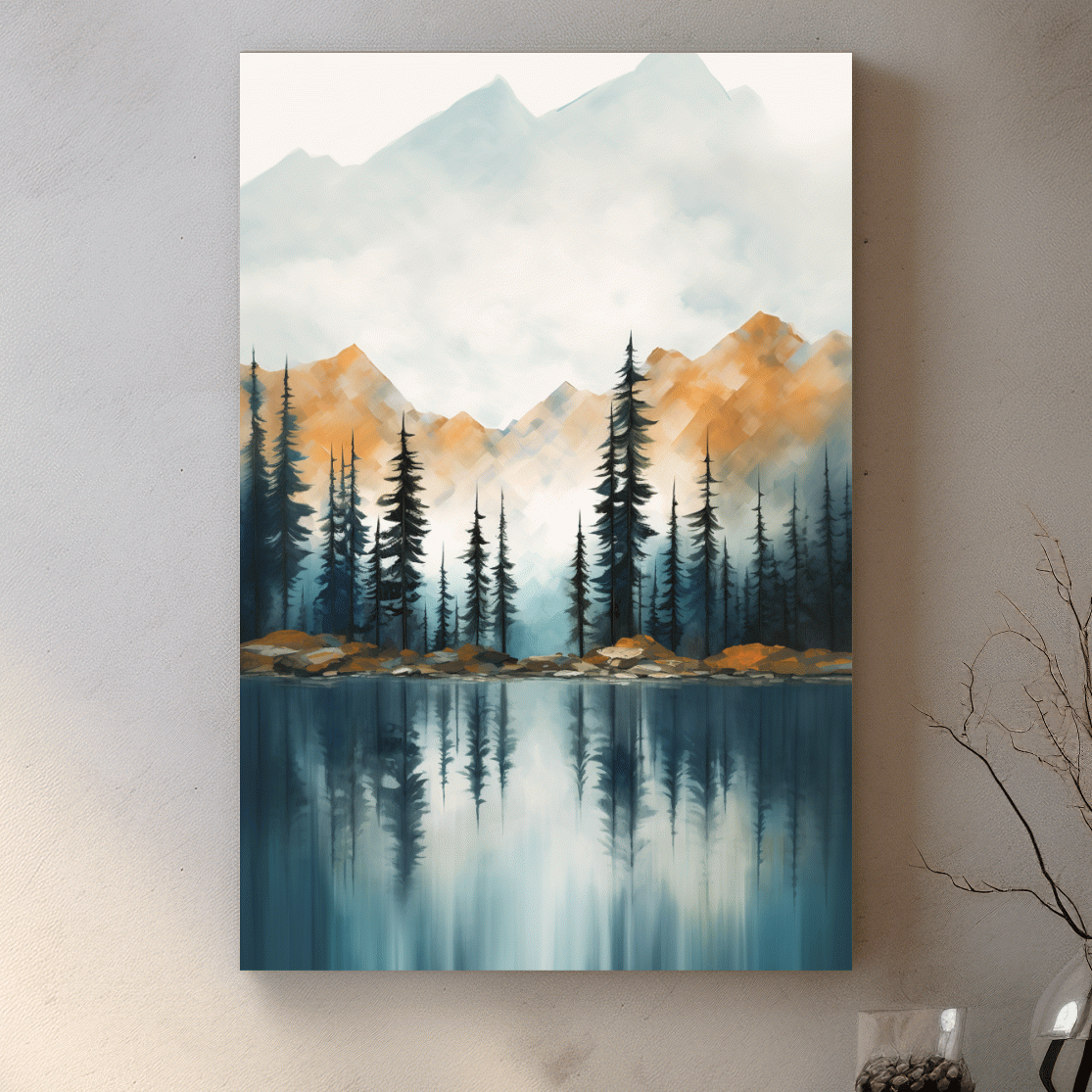 Trees on a beautiful alpine lake, mountain scenery painting