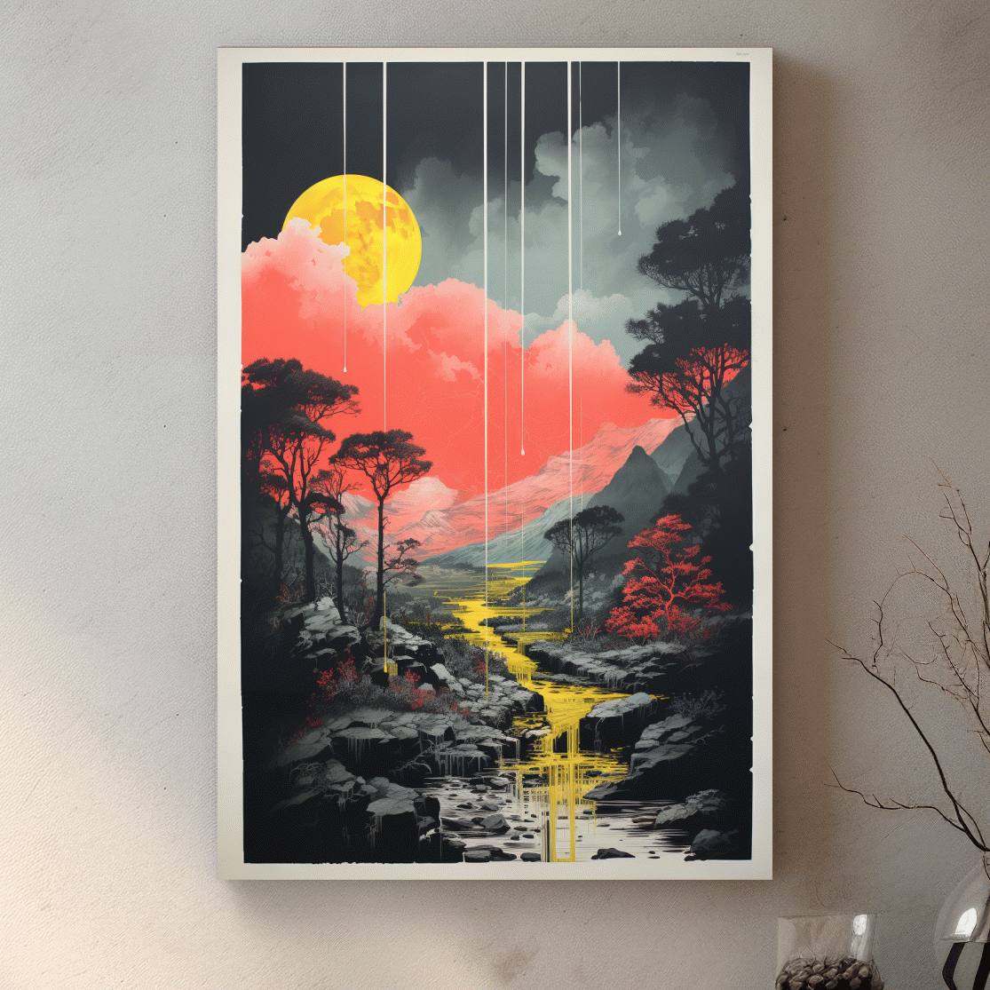 River running through the mountains, colourful illustration
