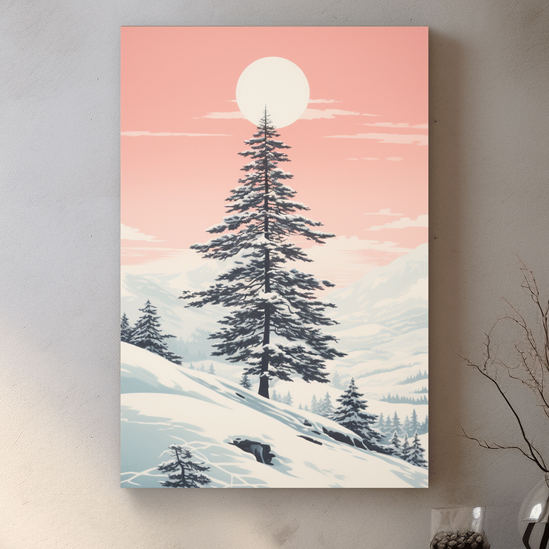 Minimal art, snow covered pine tree at sunset
