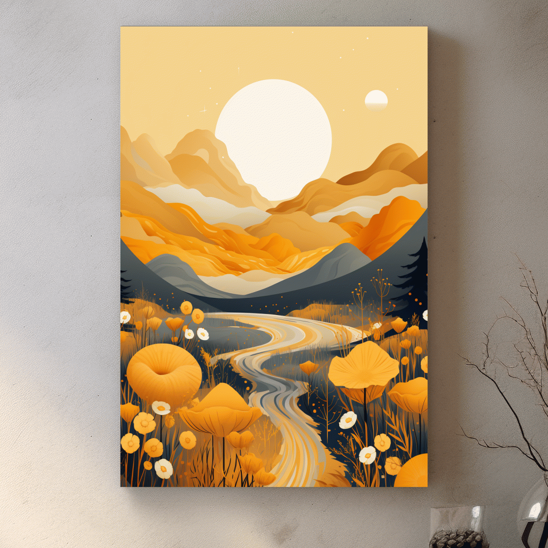 Bright illustration, river running through the meadows