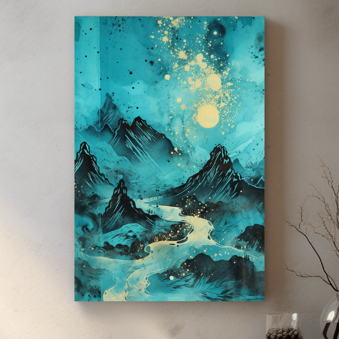 Abstract painting of a river through the mountains