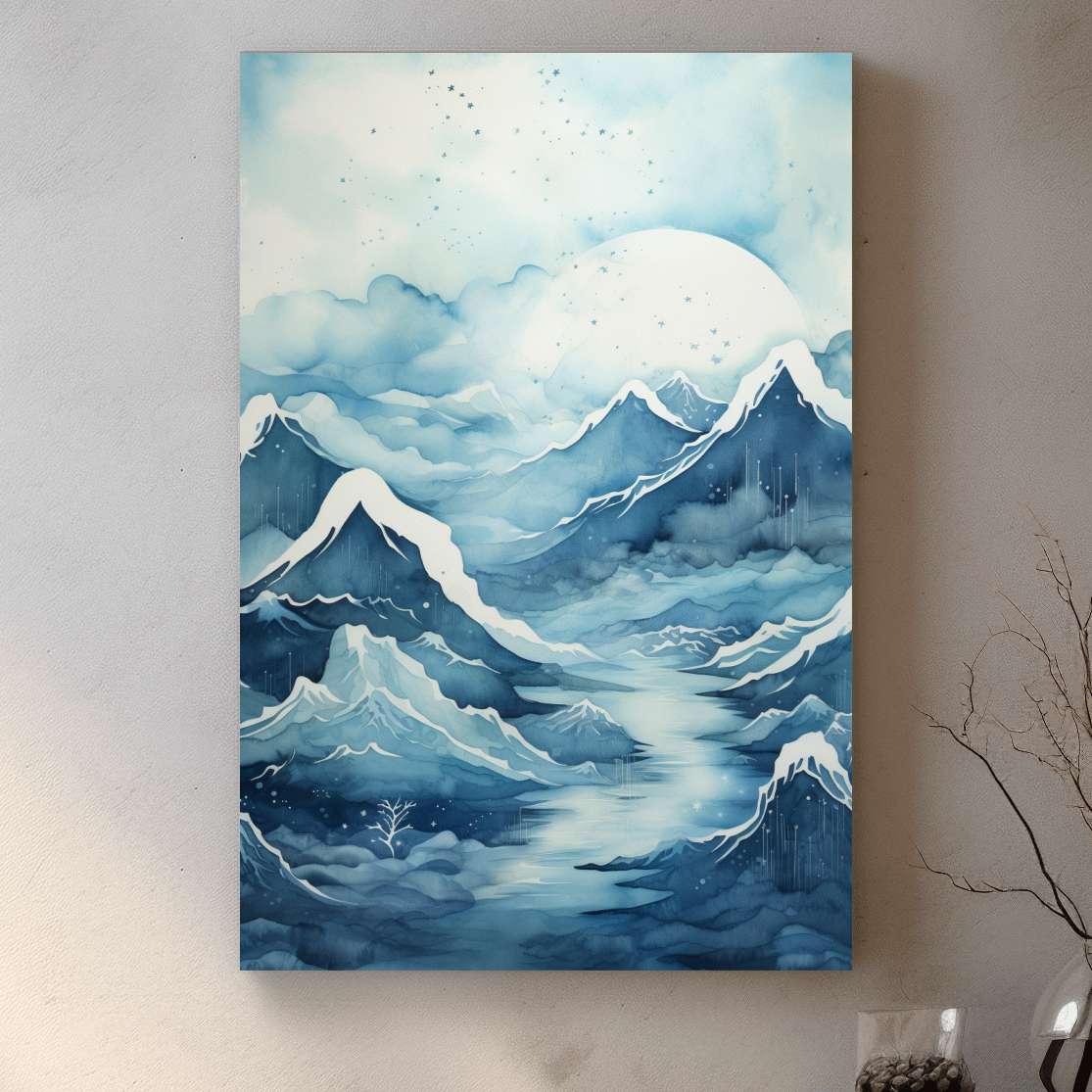 Watercolour painting, subtle blue snowy mountain peaks