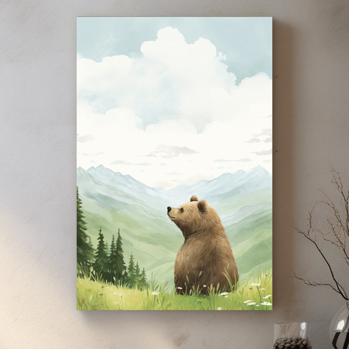 Illustration of a happy bear sitting in the grass
