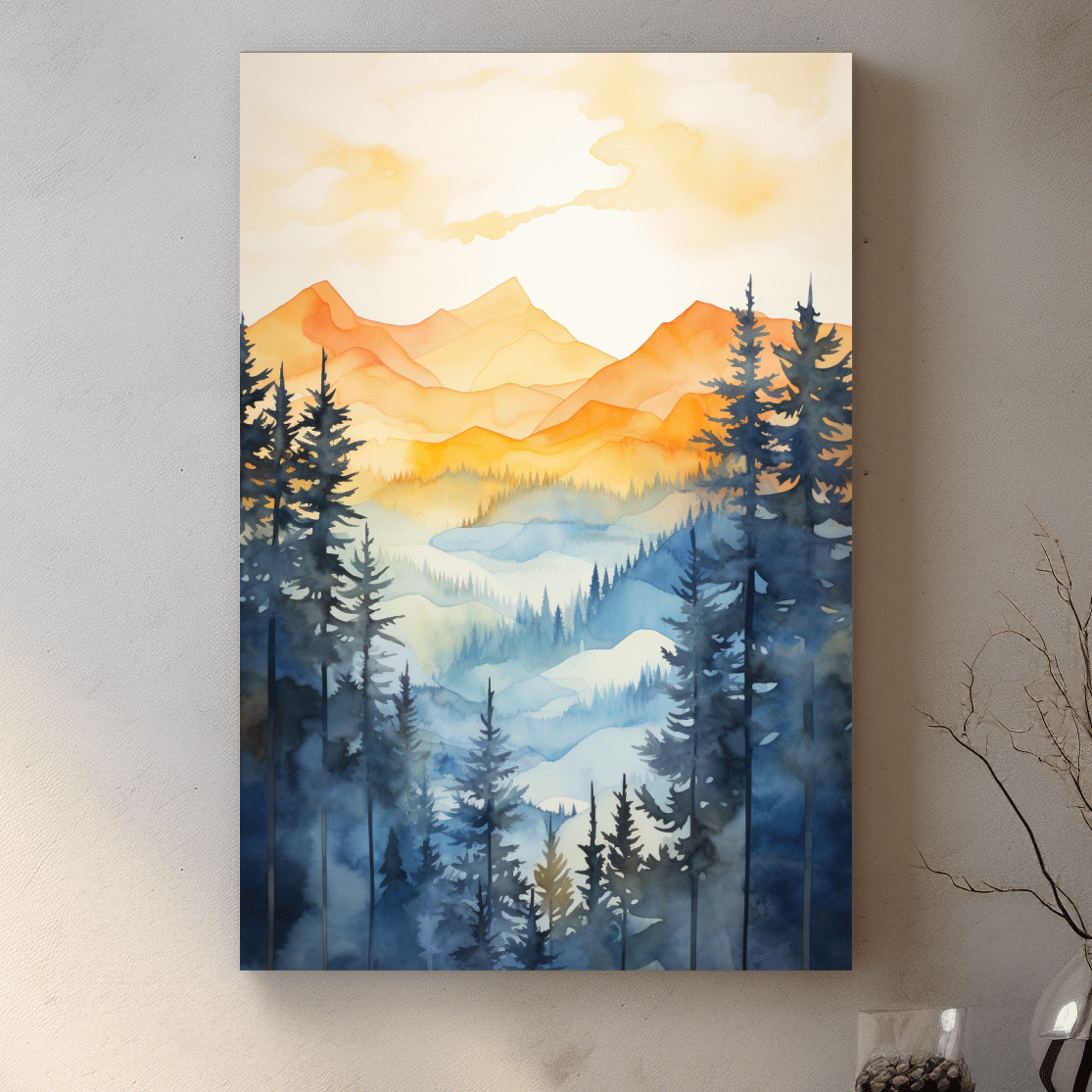 Simple watercolor art painting of alpine mountain scenery
