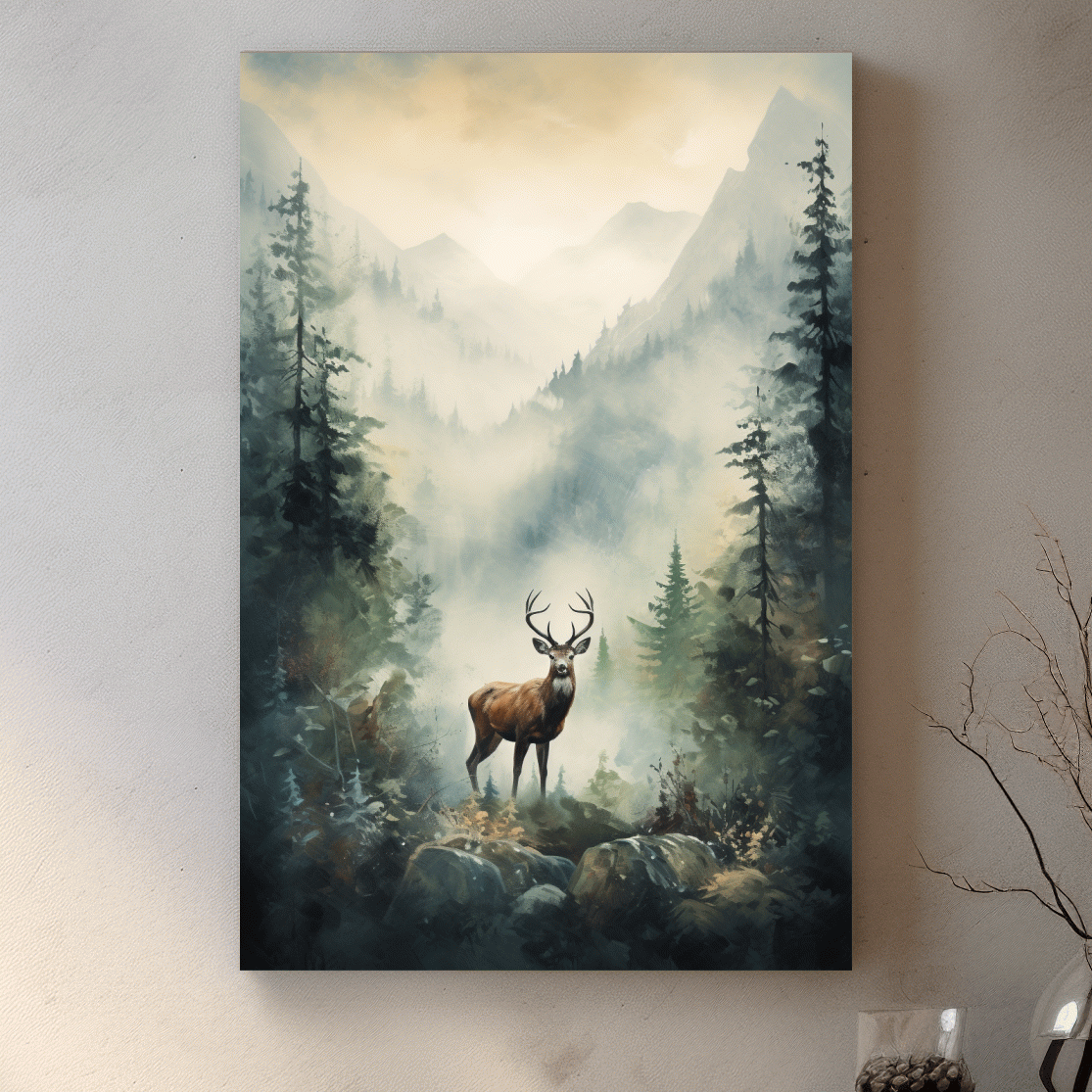 Watercolour painting of a deer standing in a misty forest