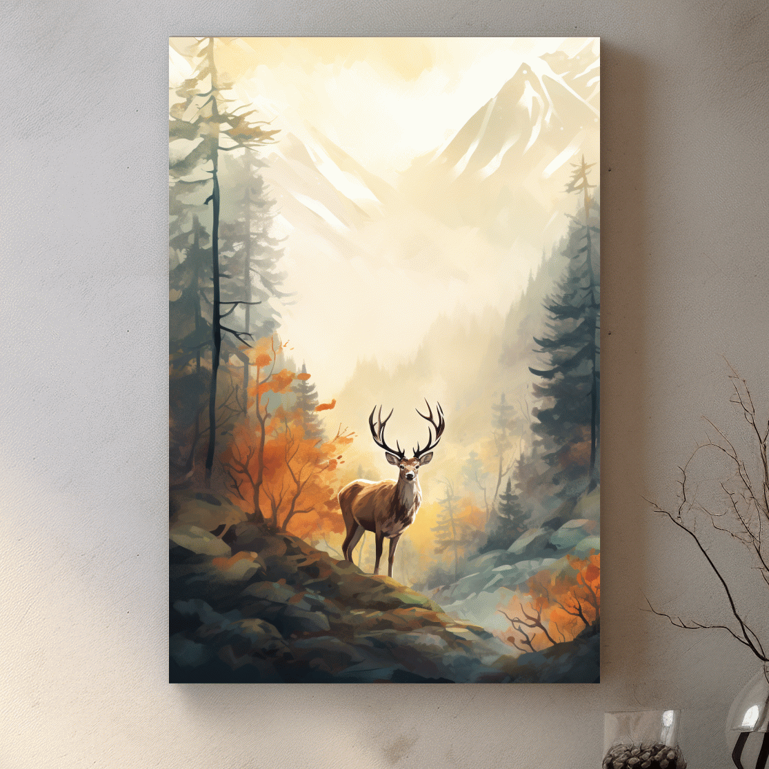 Majestic Stag In Misty Mountain Forest - Autumn Watercolor Wildlife Wall Art
