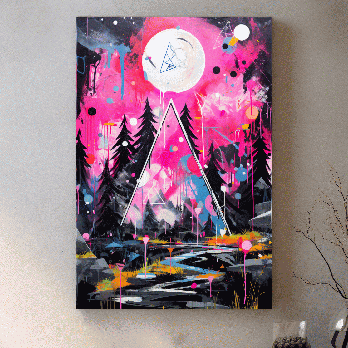 Pink and black abstract energetic art of a forest