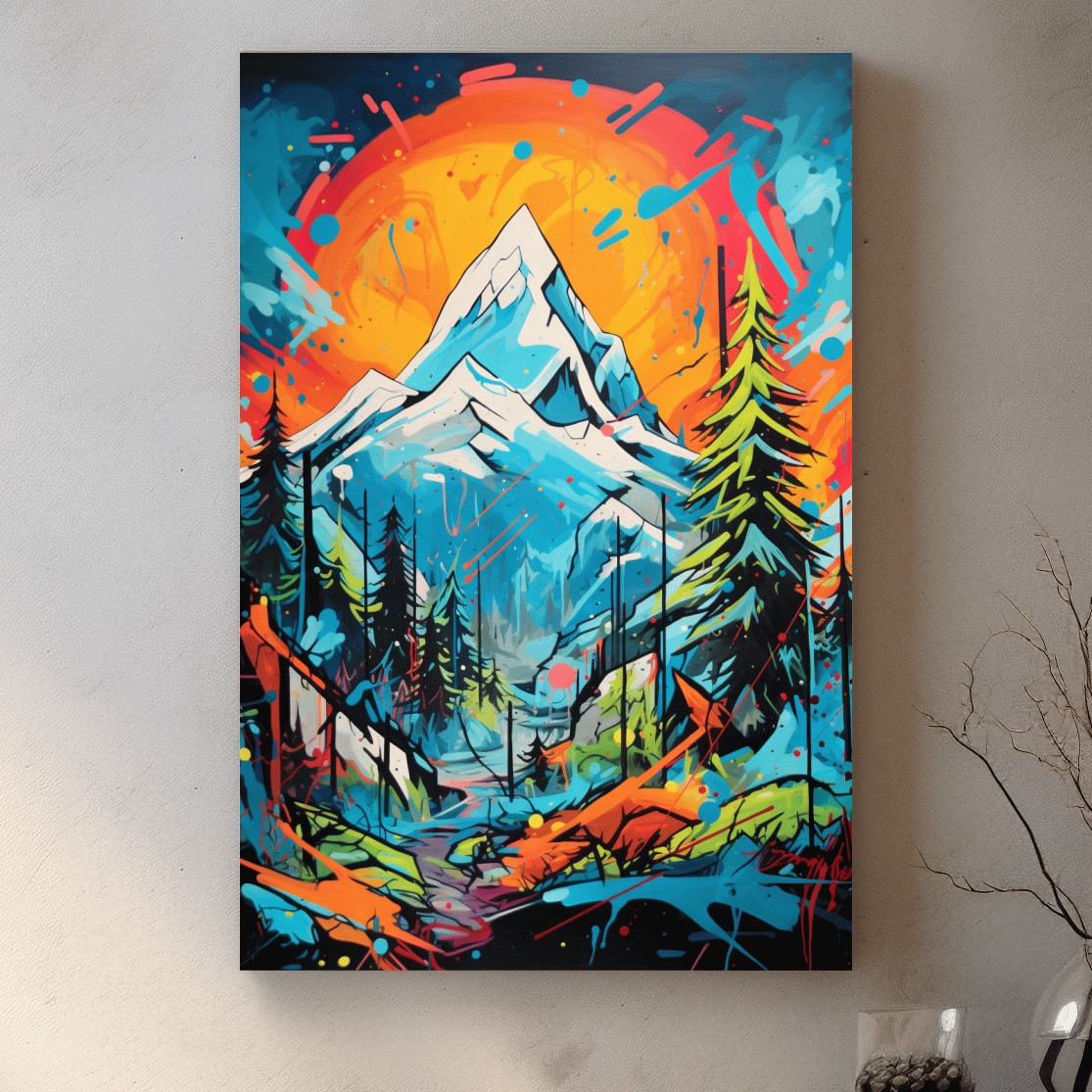Graffitti inspired art of sunset over a glacier, vibrant wall art