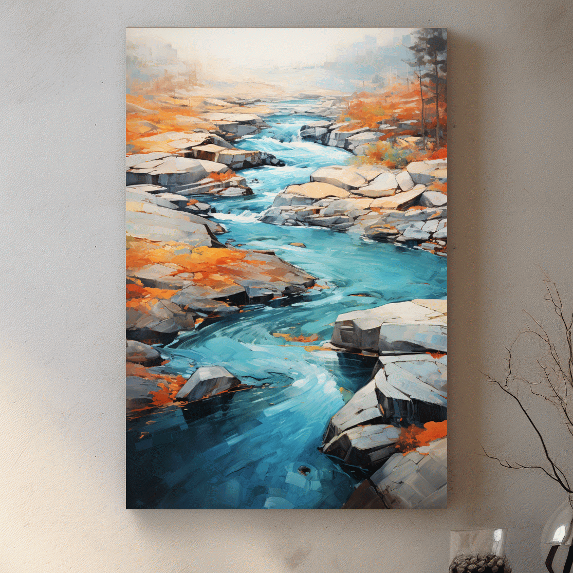 Serene painting of a river flowing through the rocks in fall