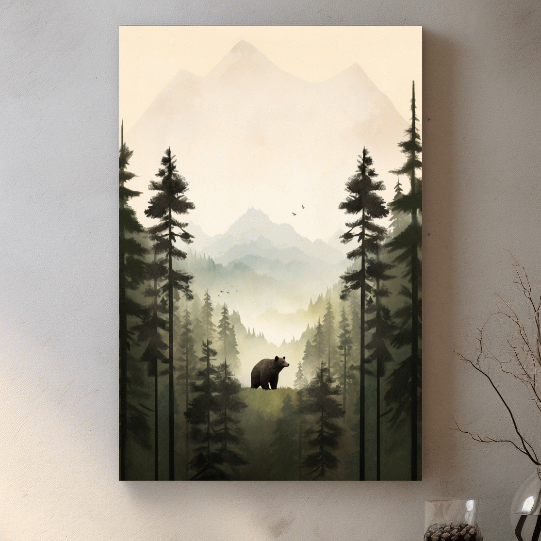 Misty Pine Forest Bear Illustration - Minimalist Wildlife Wall Art