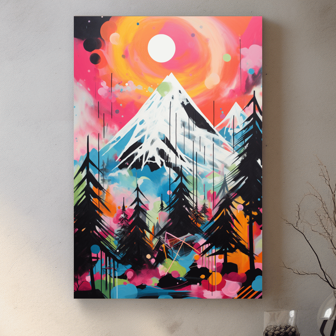 Vibrant energetic arcylic painting, glacier at sunset