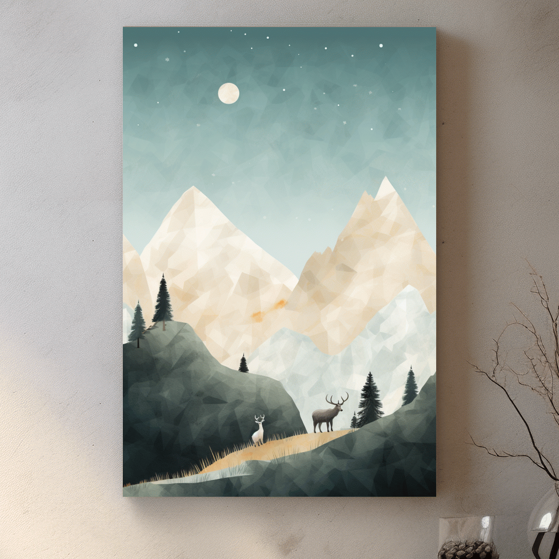Textured minimal illustration, deers in the forest under the night sky