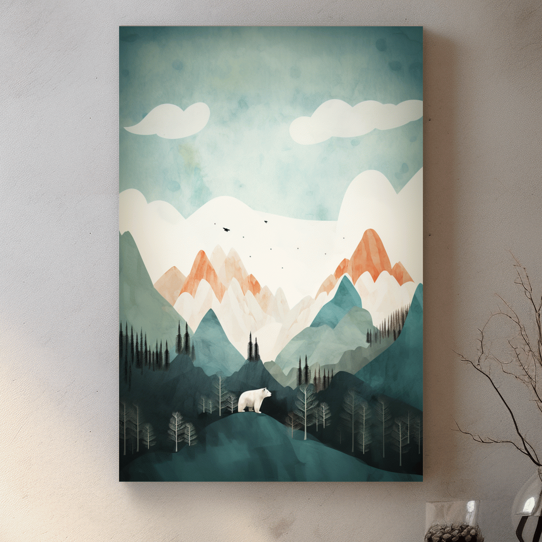 Bear standing in the forest, textured minimal illustration