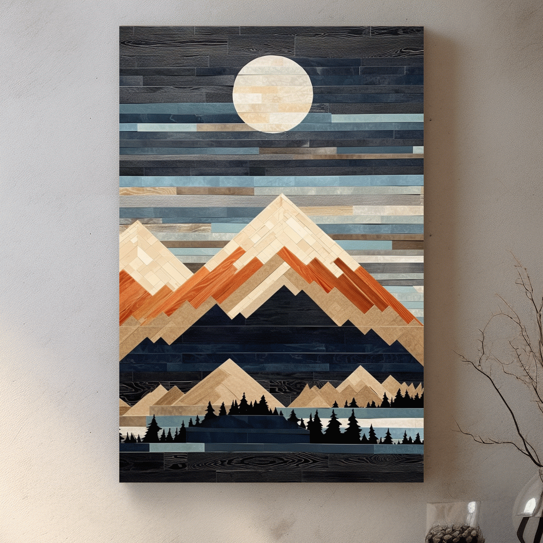 Geometric Wood Mosaic Mountain Range Under Full Moon - Modern Rustic Landscape Wall Art