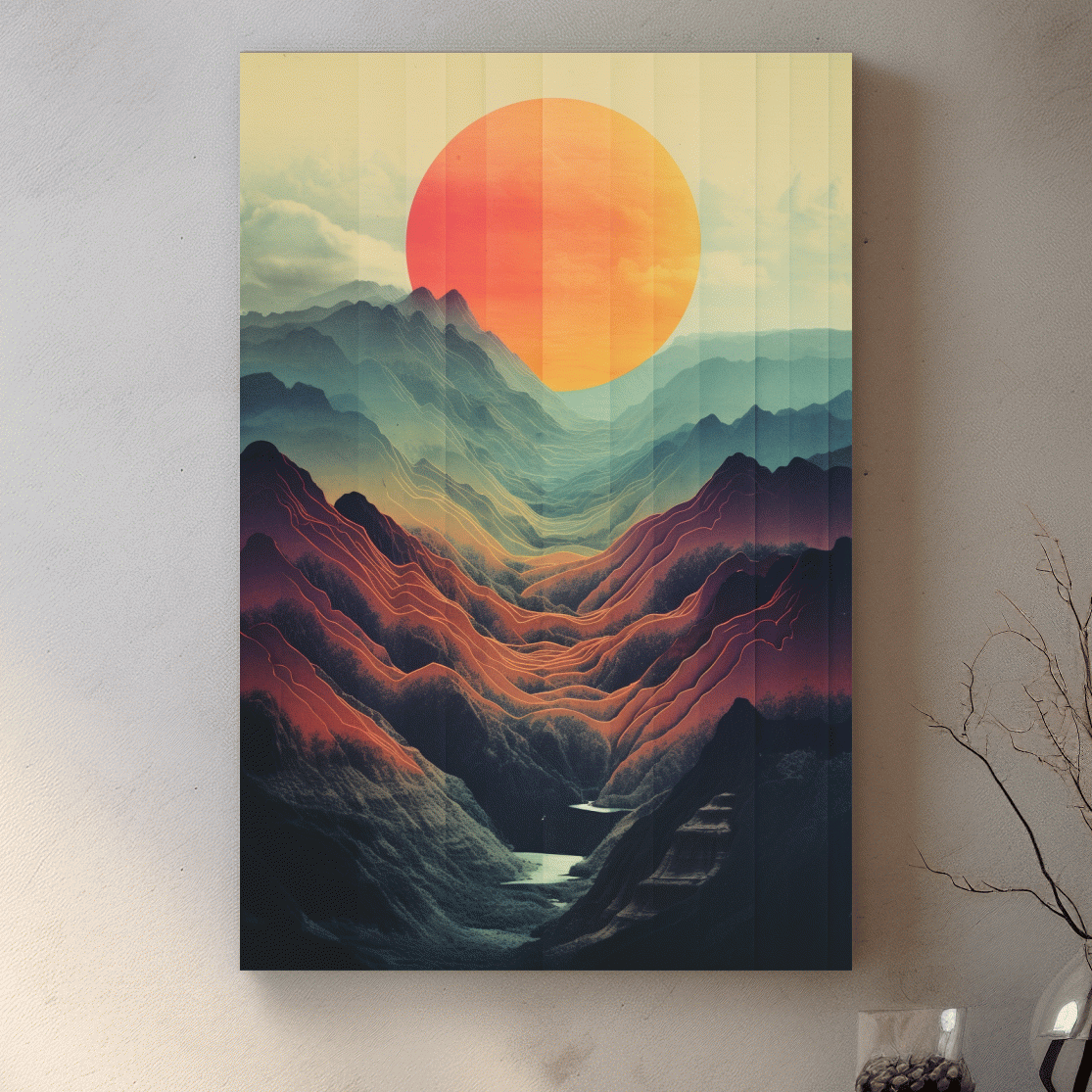 Illustrative art of a layered mountainous valley at sunset