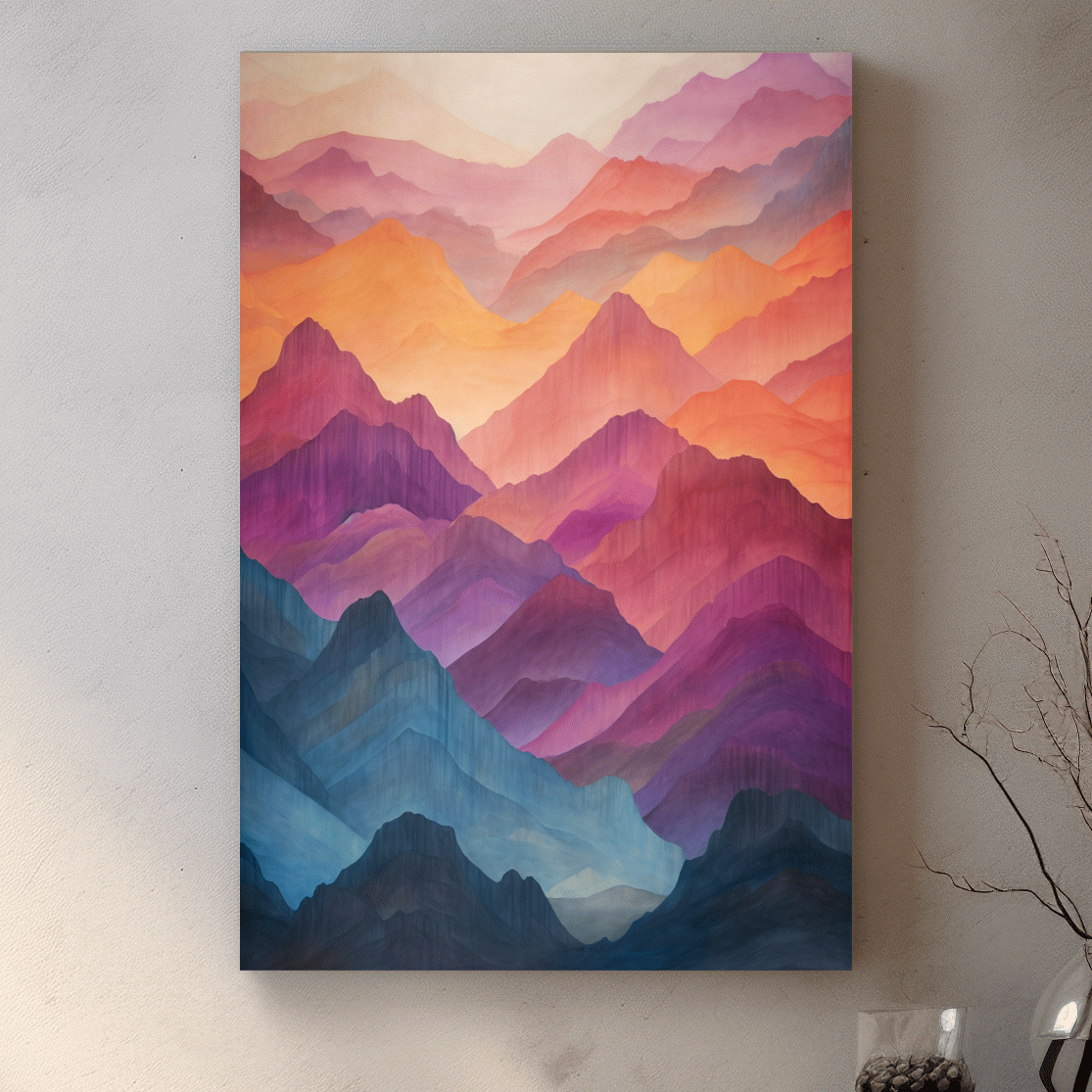 Vibrant colourful mountain range patterns, watercolour style illustration