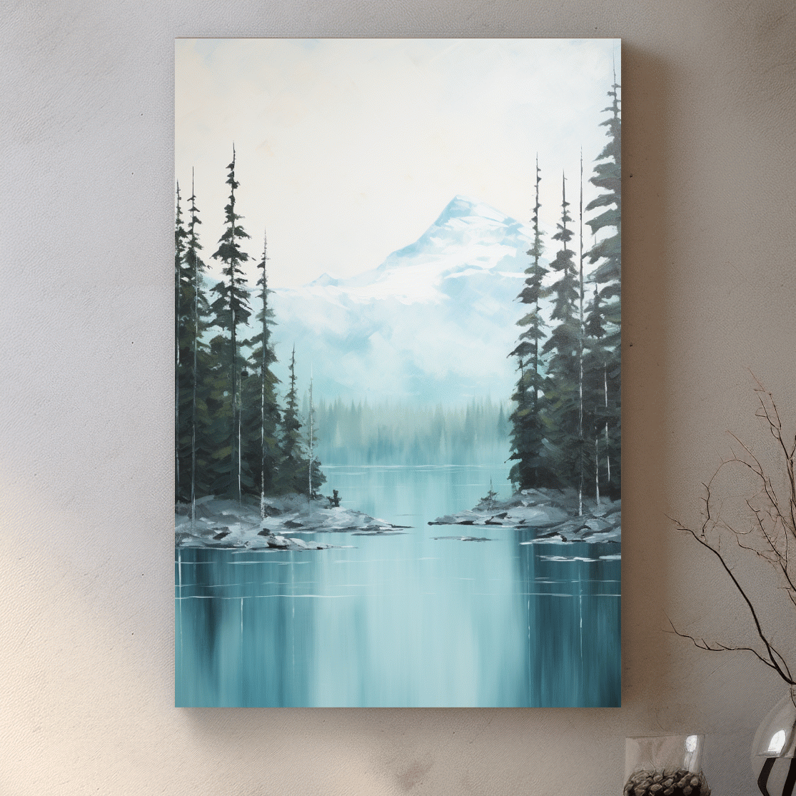 Turquoise Alpine Lake & Pine Forest Watercolor - Serene Mountain Landscape Wall Art