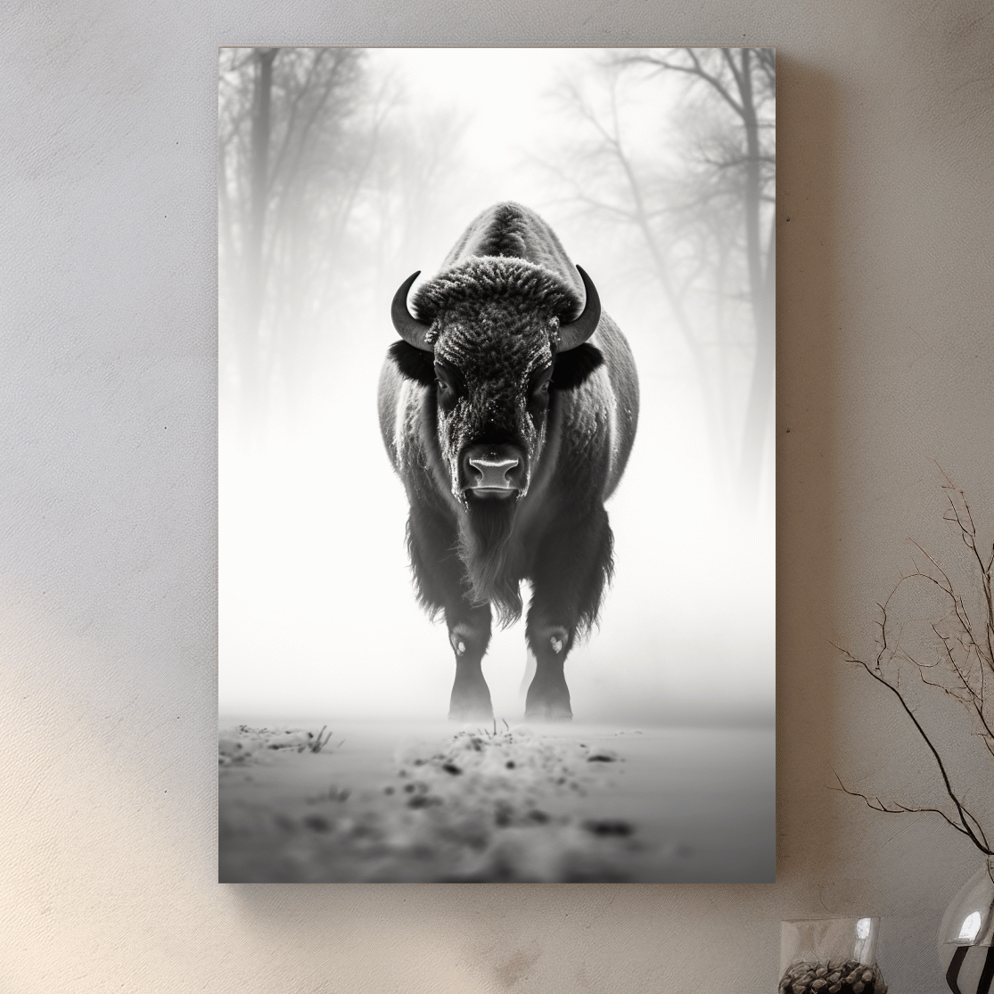 Black and white photo of a bison walking on snow