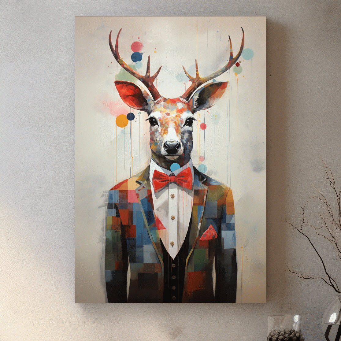 A collage style painting of a deer in a tuxedo