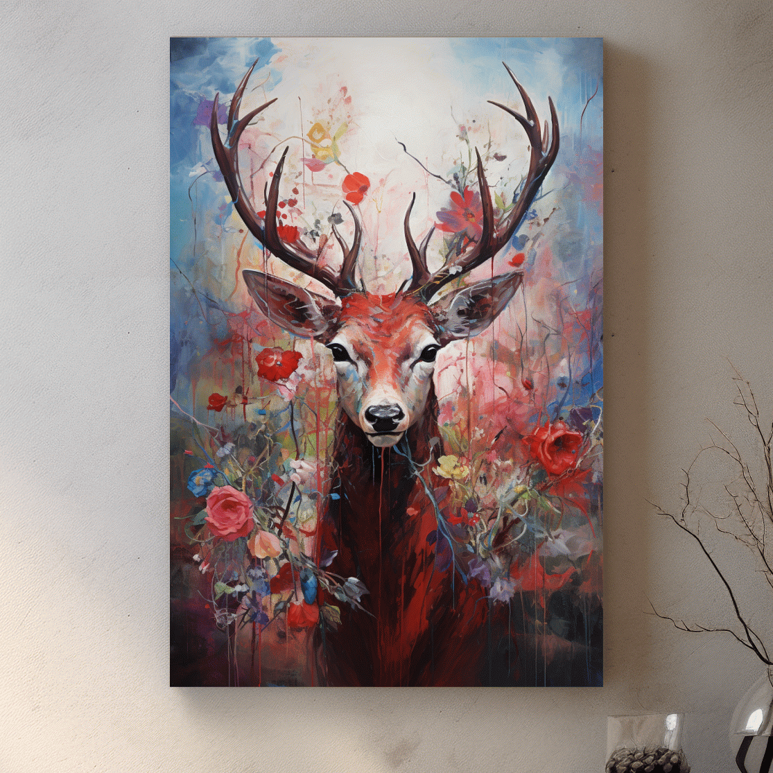 Floral painting of a deer, vibrant wall art