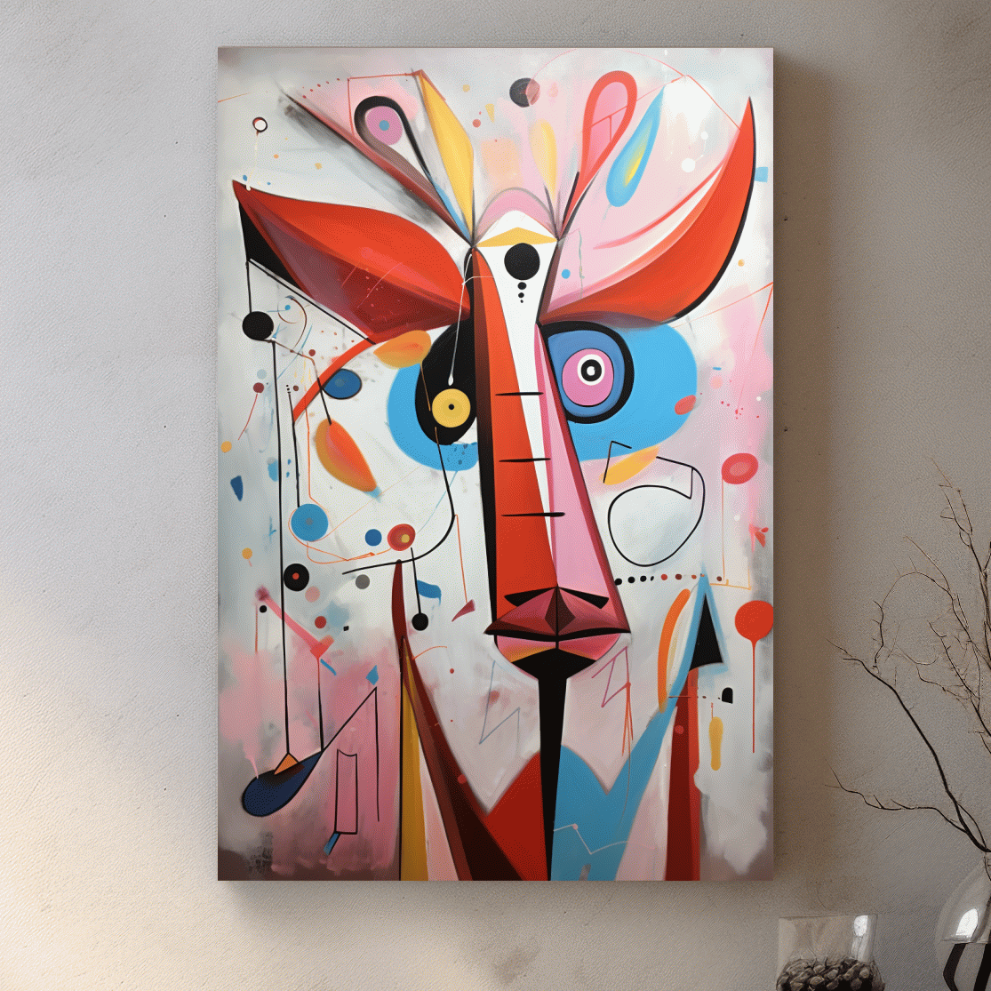 Quirky abstract painting of a deers head
