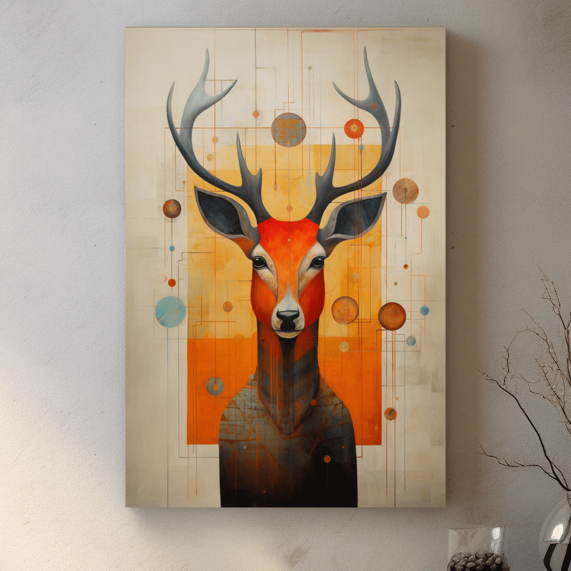 Rustic painting of a deers head with abstract shapes