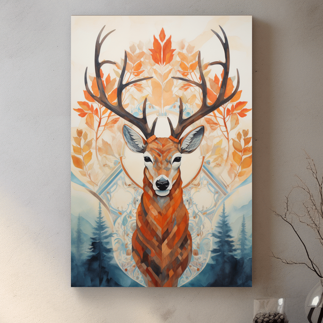 Ornate Stag Deer Watercolor Portrait - Autumn Woodland Wildlife Wall Art