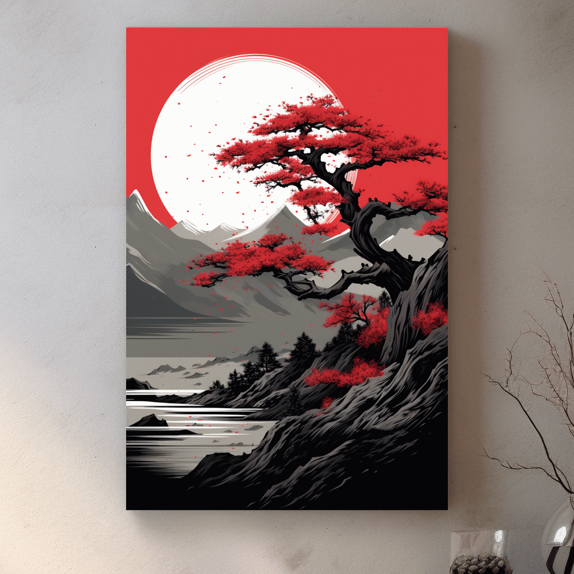 Japanese Ink Landscape With Bonsai Tree - Zen Mountain Wall Art