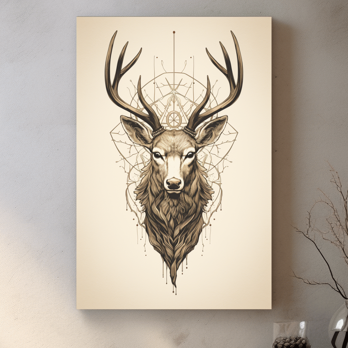 Tattoo style art of an ornamental deer head