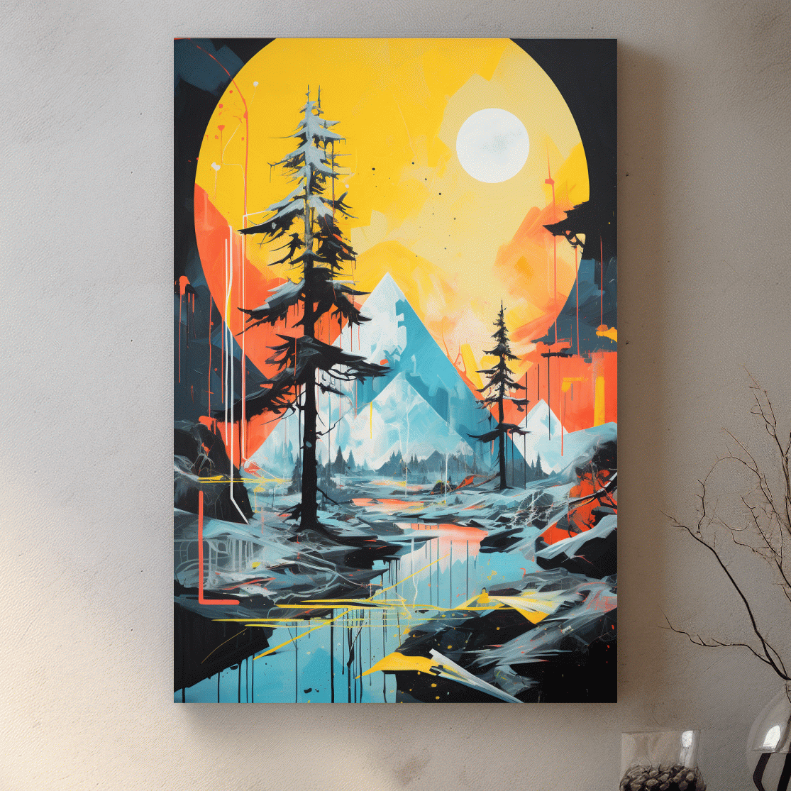 Abstract geometric painting of a glacier alpine landscape at sunset