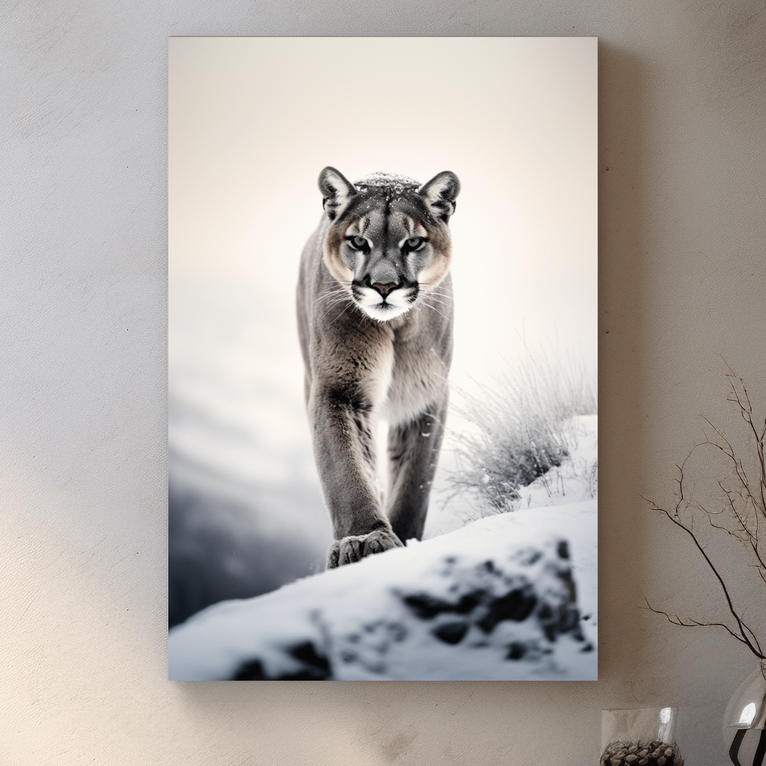 Photograph of a mountain lion walking in snow