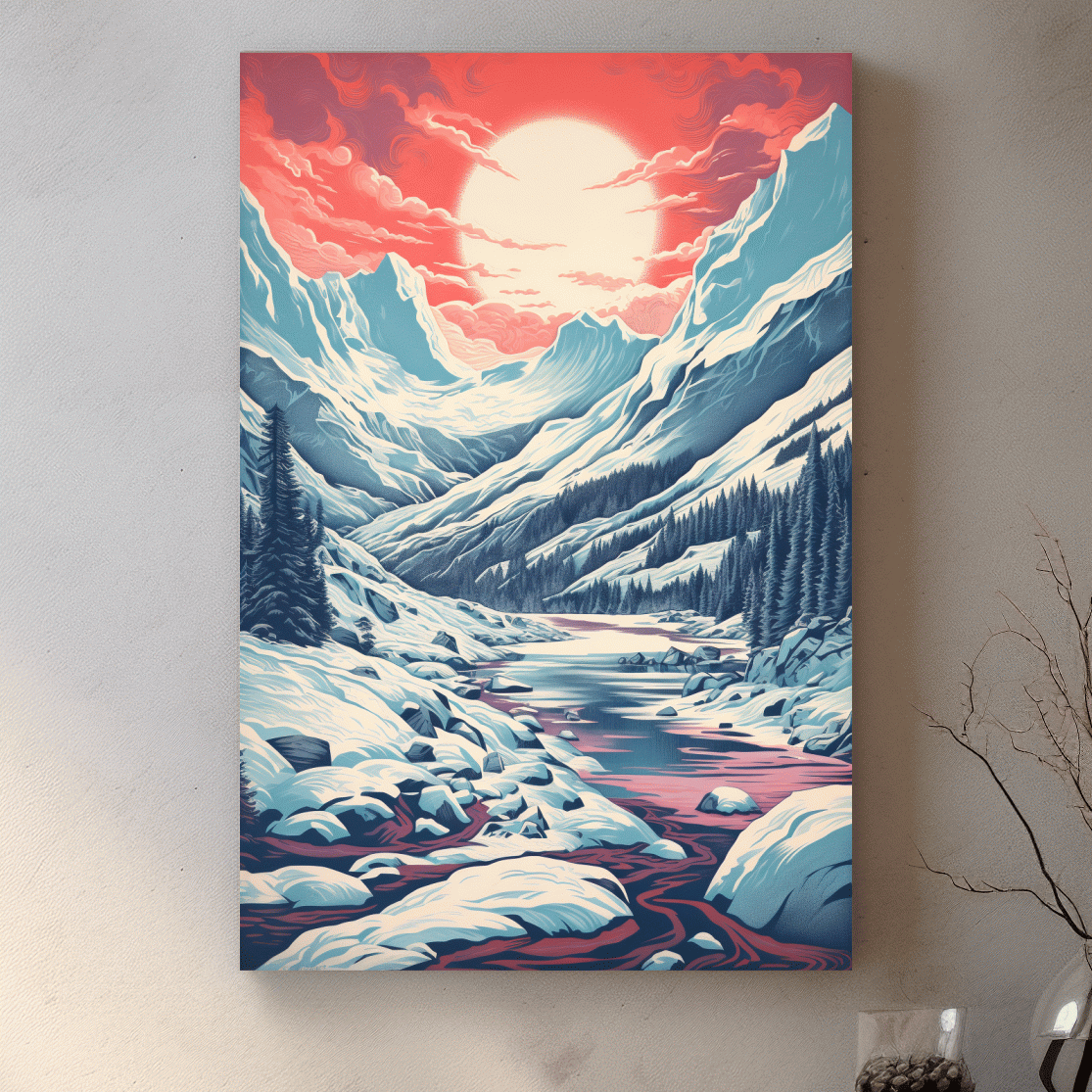 Illustration of an arctic valley at sunset
