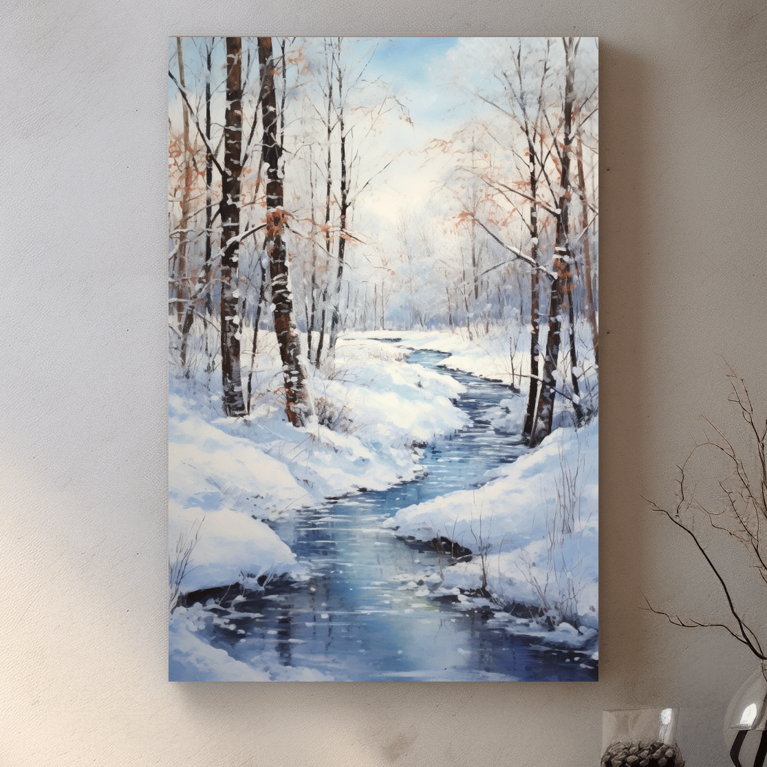 Serene Winter River Forest Painting - Snowy Woodland Wall Art