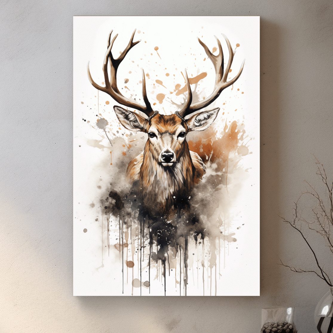 Splattered watercolour painting of a deers head