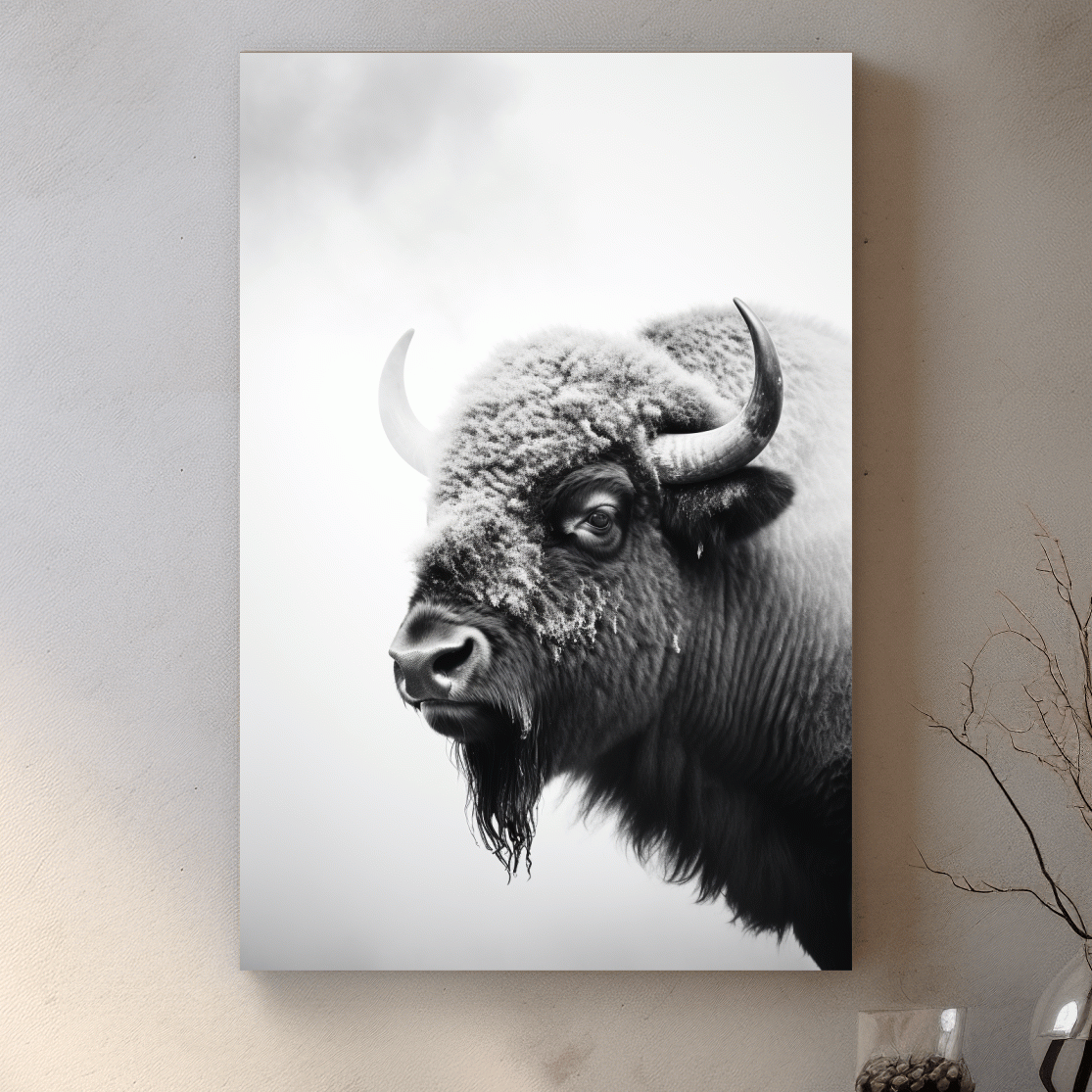 Moody Black And White Bison Portrait - Minimalist Photographic Wildlife Wall Art