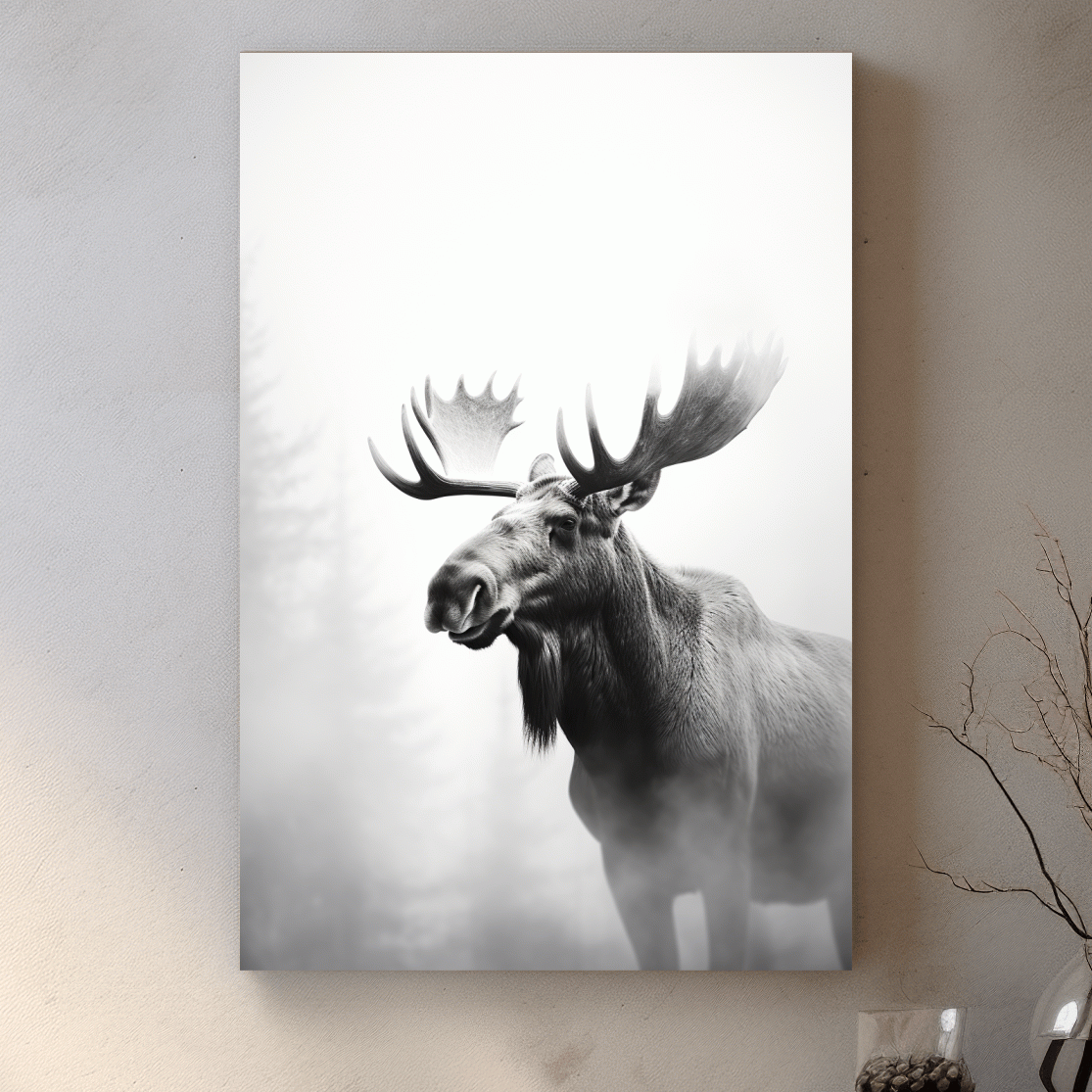 Moody Black And White Moose Portrait - Misty Wildlife Photography Artwork