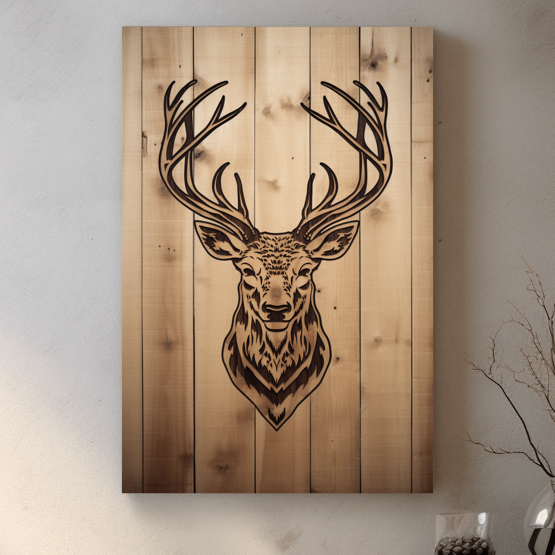 Wood engraving art of a deer head
