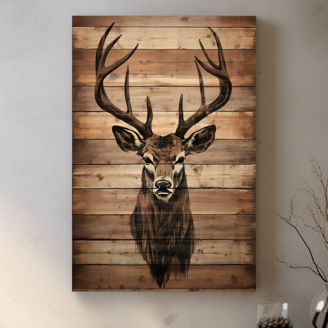 Wood burning art, deer head on wooden panels