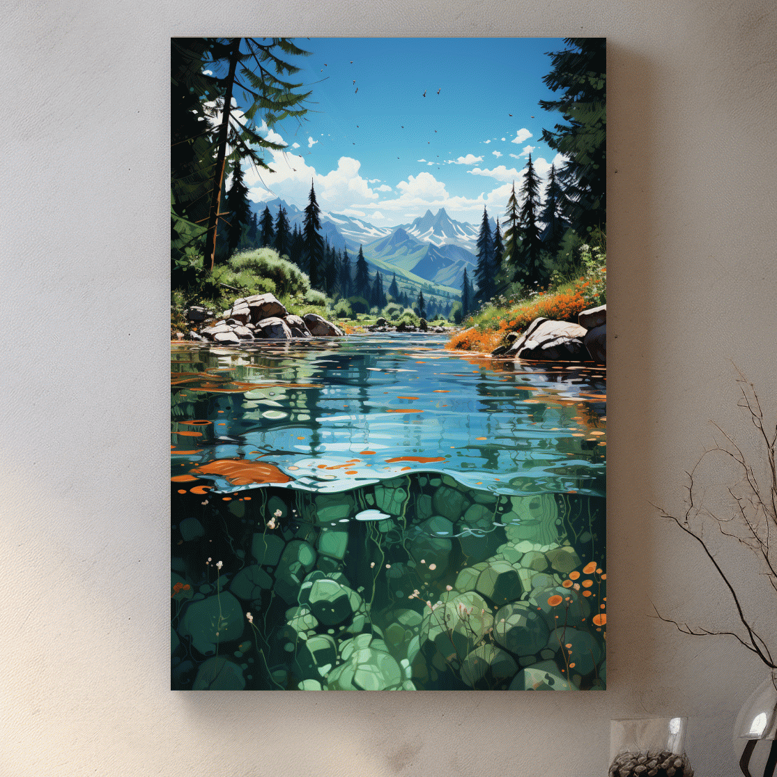 Crystal Clear Alpine River Landscape Illustration - Vibrant Mountain Forest Artwork
