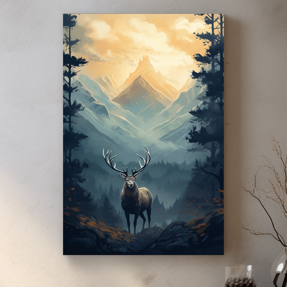 Serene illustration of a majestic deer in the forest at sunset