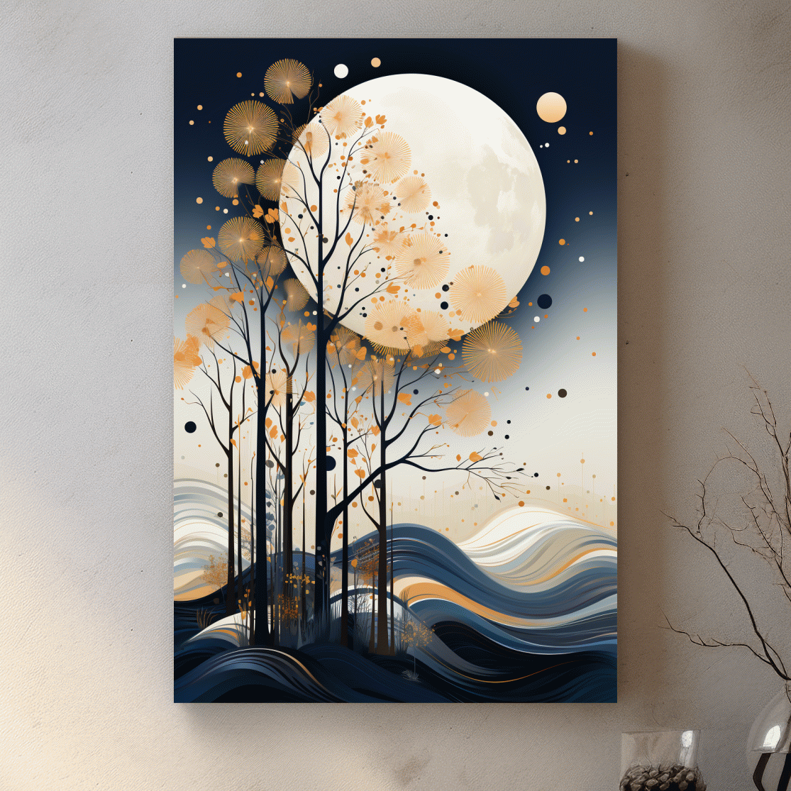 Abstract Moonlit Forest Silhouette - Elegant Boho Landscape Wall Art