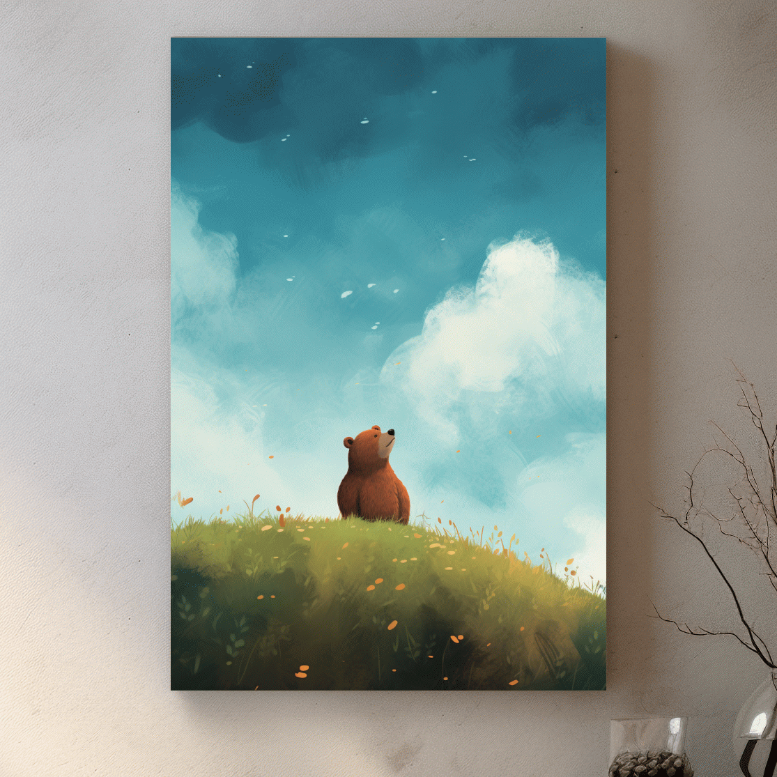 Whimsical Bear Cub Meadow Illustration - Cute Woodland Nursery Wall Art